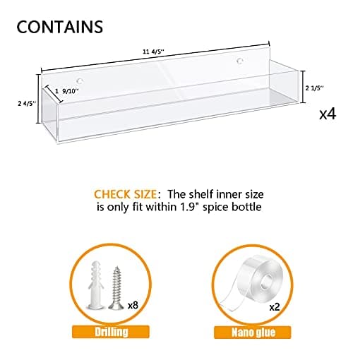 VAEHOLD Clear Wall Spice Rack with Nano Tape for Kitchen Cabinet Door - 4 Pack