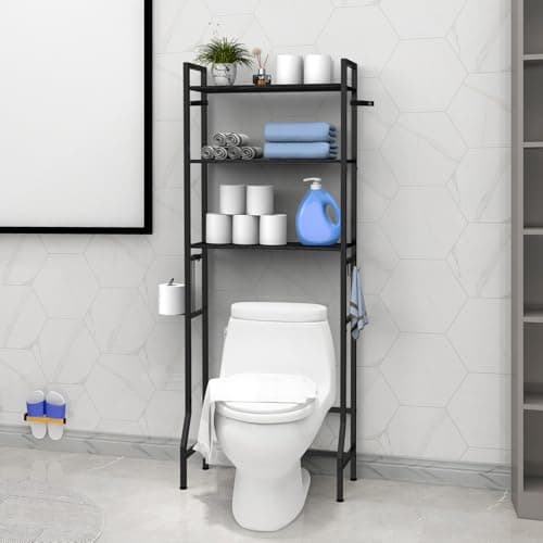 CADUKE 3-Tier Over the Toilet Organizer, Black Storage Shelf with Hooks & Paper Holder