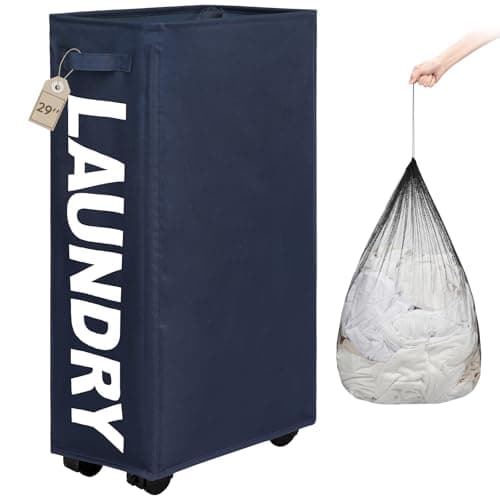 TOTANKI 25" Rolling Laundry Basket, Foldable with Handle (Black)