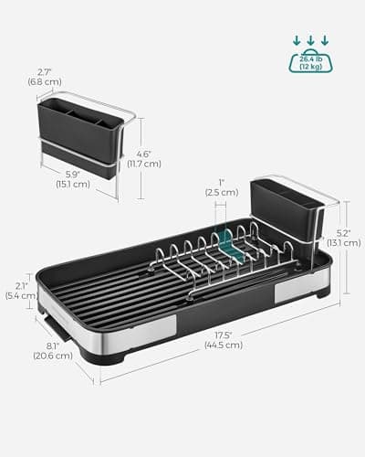 SONGMICS Stainless Steel Dish Drying Rack, Silver & Black, Kitchen Counter UKCS034B01