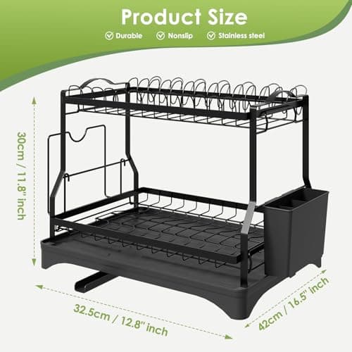 2-Tier Dish Drying Rack for Kitchen Counter - Space-Saving, Large Capacity with Drainboard, Screw-Free Mounting, Black