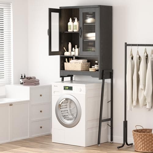Black Tall Freestanding Toilet Cabinet with Glass Doors & Adjustable Shelf