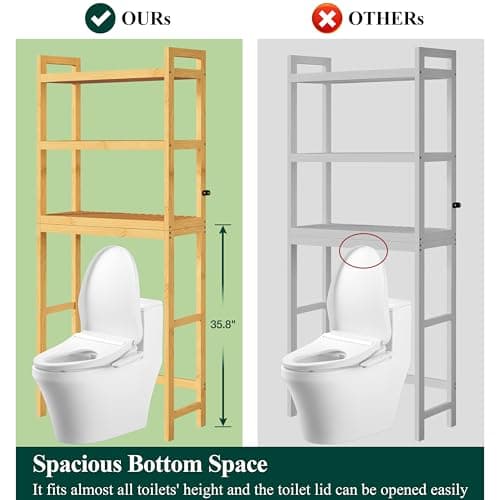 Smiry Bamboo 3-Tier Over Toilet Organizer, Stable Freestanding Shelf with 4 Hooks
