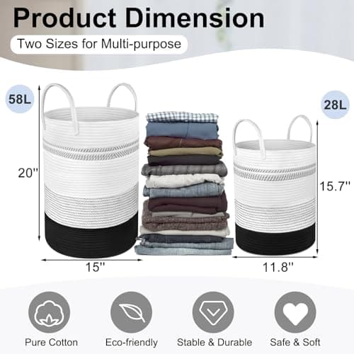 2-Pack Large Tall Rope Laundry Baskets, 58L & 28L Black, Living Room & Bedroom Storage