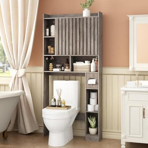 RUSTOWN Large Over-Toilet Storage Cabinet, Fluted Doors, Adjustable Shelf & Paper Holder, Natural Wood