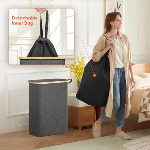 Slim 50L Laundry Hamper with Lid and Bamboo Handles