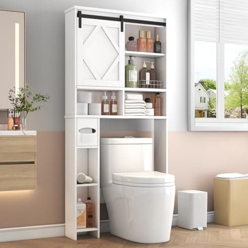White Farmhouse Sliding Door Toilet Cabinet with Storage & Organizer