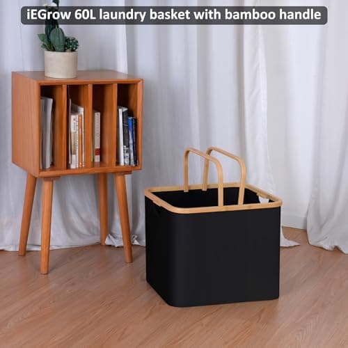 Black Laundry Hamper with Bamboo Handle, Collapsible 60L Basket for College Dorm and Family