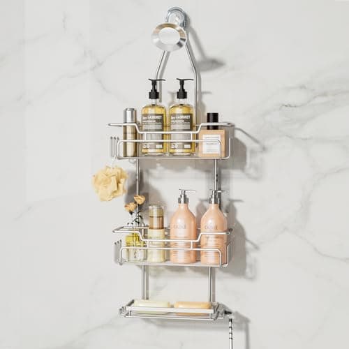 SWTYMIKI 3-Tier Over Shower Head Organizer - Black, 16 Hooks, Anti-Swing, Rustproof