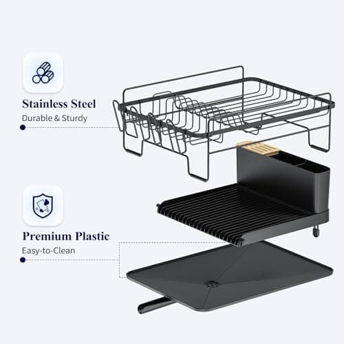 Kitsure Extendable Large Dish Drying Rack with Cutlery and Cup Holders - Anti-Rust Kitchen Organizer