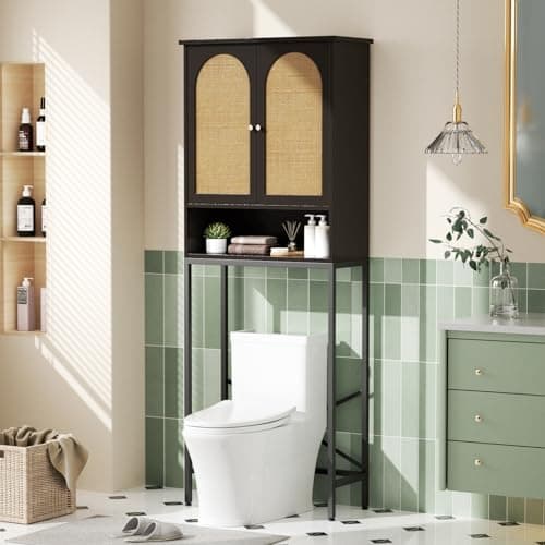 Rattan Toilet Storage Cabinet with Metal Stand, Adjustable Shelf, Freestanding Washer Shelf, Space Saver, Natural Style - Black