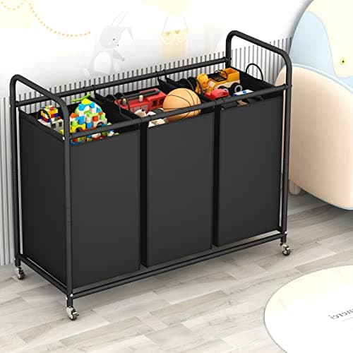 LINZINAR Heavy Duty 3-Bag Laundry Hamper with Lockable Wheels & Organizer