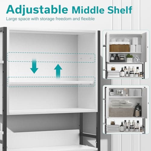 White Non-Slip Freestanding Toilet Cabinet with 4-Tier Shelves & Hooks