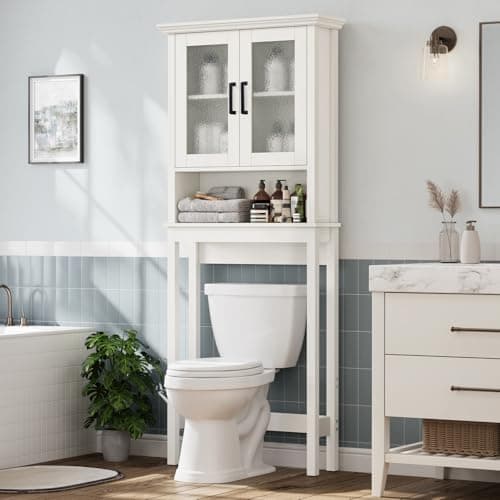Thick Frame Over Toilet Storage Cabinet with Doors, Cream White