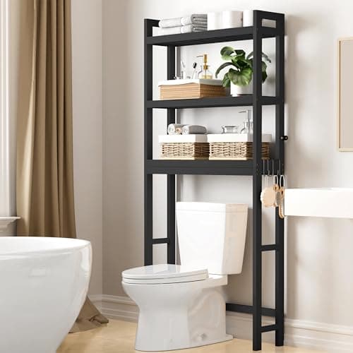 Smiry 3-Tier Bamboo Over Toilet Organizer, Space-Saving Hook Storage, Black