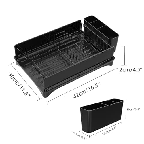 Black Kitchen Counter Dish Drying Rack with Drain & Cutlery Holder