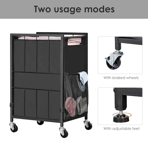 Black Laundry Hamper with Wheels & Adjustable Feet, 90L Liner & Mesh Pocket
