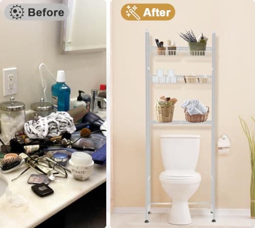 White Over-the-Toilet Storage Rack with 3-Tier Shelf & 6 Adjustable Shelves + 4 Hooks