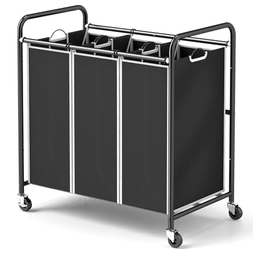 ROMOON 3-Compartment Laundry Sorter with Liners and Wheels – Space-Saving Apartment/Dorm Storage (Black)