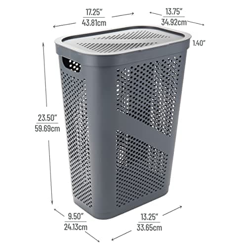 60L Slim Laundry Hamper with Lid, Ventilated Gray Plastic