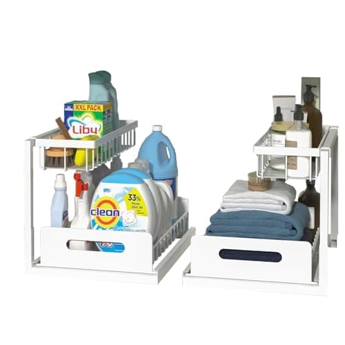 2 Pack Metal Under Sink Organizers with Sliding Drawer, White, Kitchen & Bathroom Storage