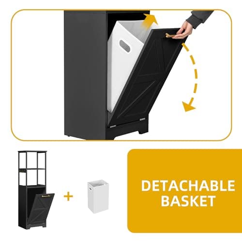 Black 53" Tall DWVO Tilt Out Laundry Hamper with Storage Shelves for Bathroom, Bedroom, and Laundry Room