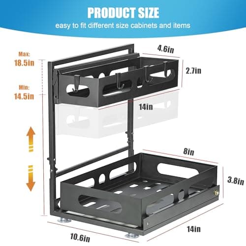 2-Tier Metal Under Sink Organizer with Adjustable Height for Kitchen and Bathroom