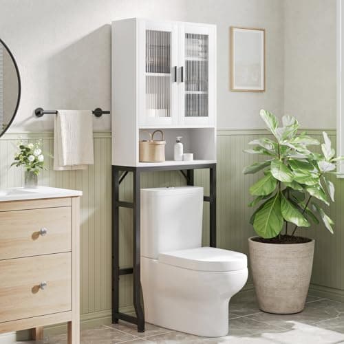 USHOWER Freestanding Toilet Storage Cabinet with Tempered Glass & Thick Metal Stand, White