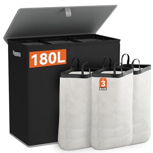 WOWLIVE 160L 3-Section Laundry Hamper with Lid & Removable Bags, Collapsible Black