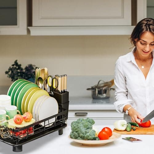 Large Drainboard Rack for Kitchen Counter - 4 Slots, Knife Fork Holder, Cup Organizer, Durable Black Steel