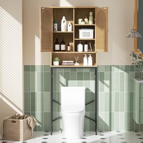 Tall Rattan Toilet Storage Cabinet with Metal Stand, Bathroom Organizer