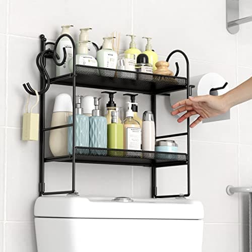 2 Tier Black Over Toilet Storage Organizer Shelf with Hooks and Paper Holder