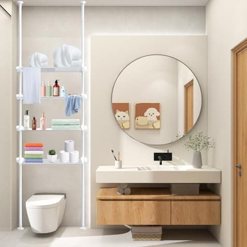 White Bathroom Space Saver Shelf with Adjustable Rack