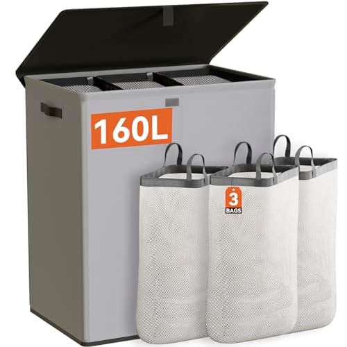 WOWLIVE 160L 3-Section Laundry Hamper with Lid & Removable Bags, Collapsible Black