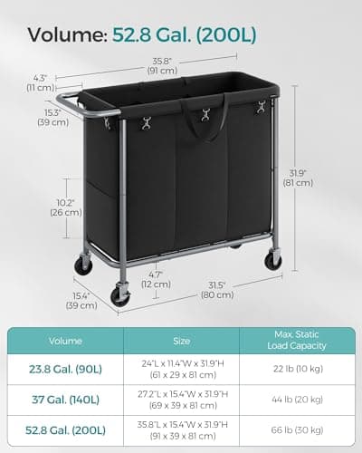 3-Section Rolling Laundry Basket with Wheels for Blanket Storage, 52.8 Gallons