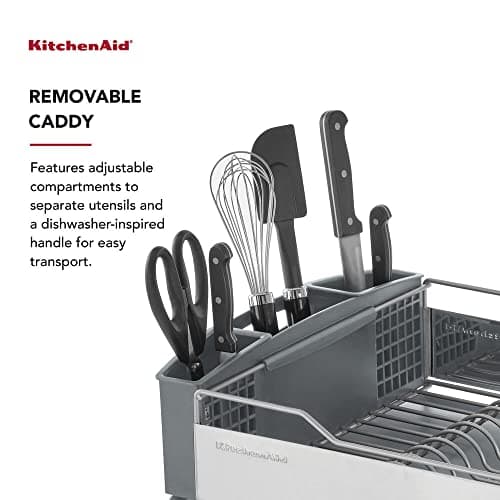 KitchenAid Rust-Resistant Full Size Dish Rack, Light Grey with Drain Board & Removable Caddy