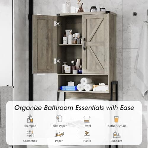Over-the-Toilet Storage Cabinet with Anti-Tip Shelves, Grey