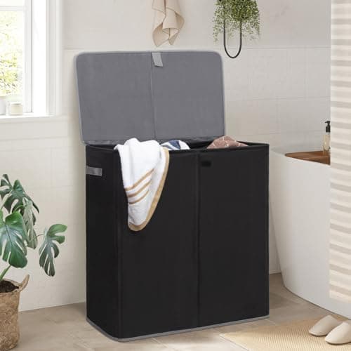 WOWLIVE 160L 3-Section Laundry Hamper with Lid & Removable Bags, Collapsible Black