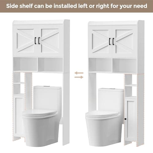 Toilet Storage Cabinet with Barn Doors and Toilet Paper Holder Stand, FreeStanding Shelf Space Saver for Bathroom, White