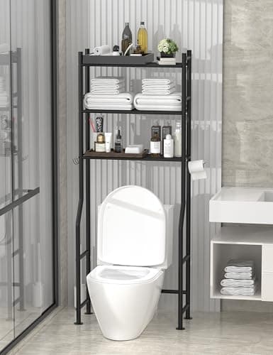 Black 3-Tier Over-the-Toilet Storage Shelves with Hooks and Paper Holder