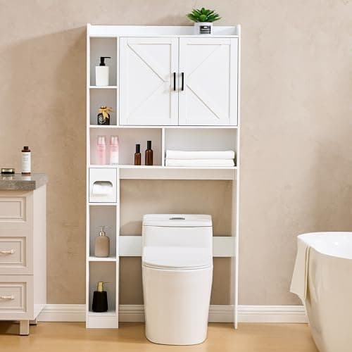 Farmhouse Storage Cabinet Over Toilet with 2 Barn Doors, White