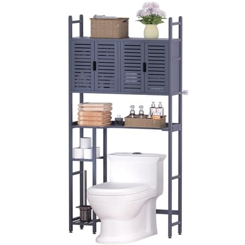 Bamboo Toilet Storage Cabinet with Paper Holder, 4-Door & Waterproof Feet (Brown)
