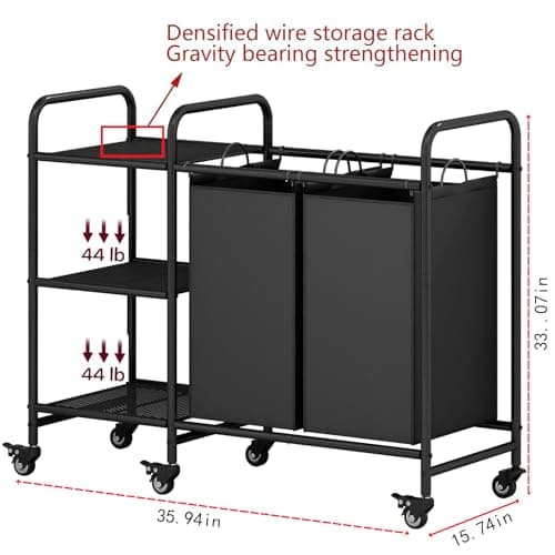 LINZINAR 2 Bag Laundry Basket Sorter with Storage Shelf, Black