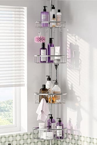 Stainless Steel 4-Tier Corner Shower Caddy - 47-121 Inch Adjustable Bath Rack - Silver