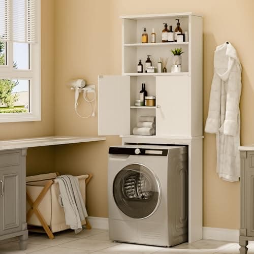 Walsunny Toilet Storage Cabinet, White - Open Shelves, Double Doors, Space-Saving Organizer