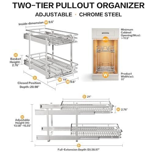 2-Tier Kitchen Cabinet Organizer with Slide Out Shelves & Drawers in Multiple Sizes