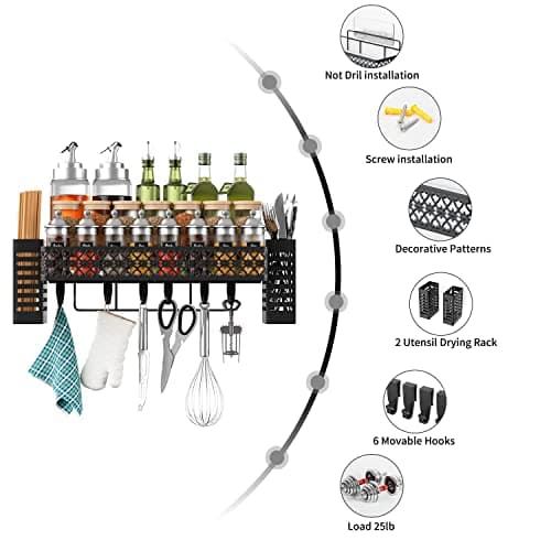 Wall-Mounted Spice Rack with Utensil Holder for Kitchen, Black