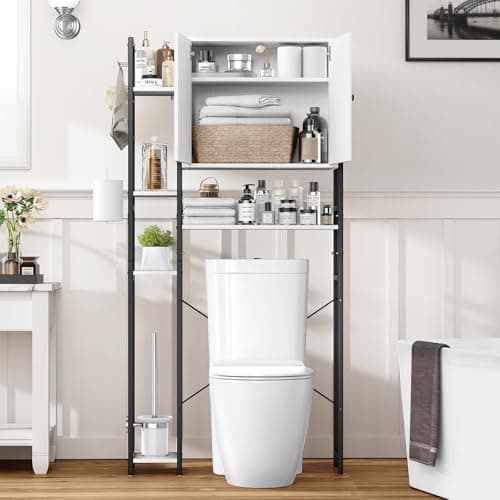 White Non-Slip Freestanding Toilet Cabinet with 4-Tier Shelves & Hooks
