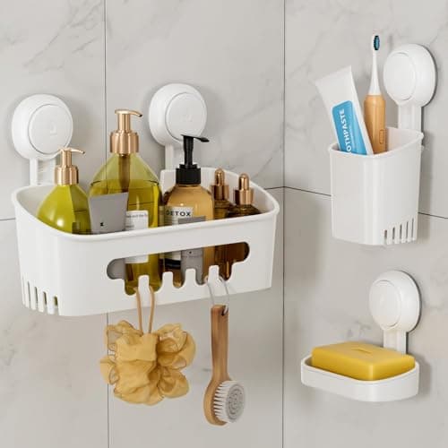 Leverloc No-Drilling Rustproof Black Bathroom Shower Caddy & Hooks, 2 Pack