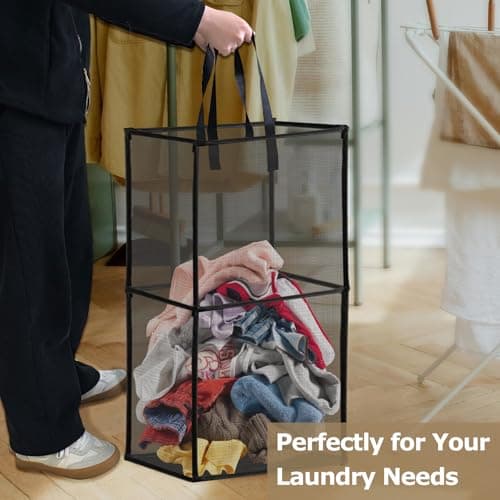 Large Collapsible Laundry Hamper, Black Mesh Basket for Bathrooms, Bedrooms, and Travel